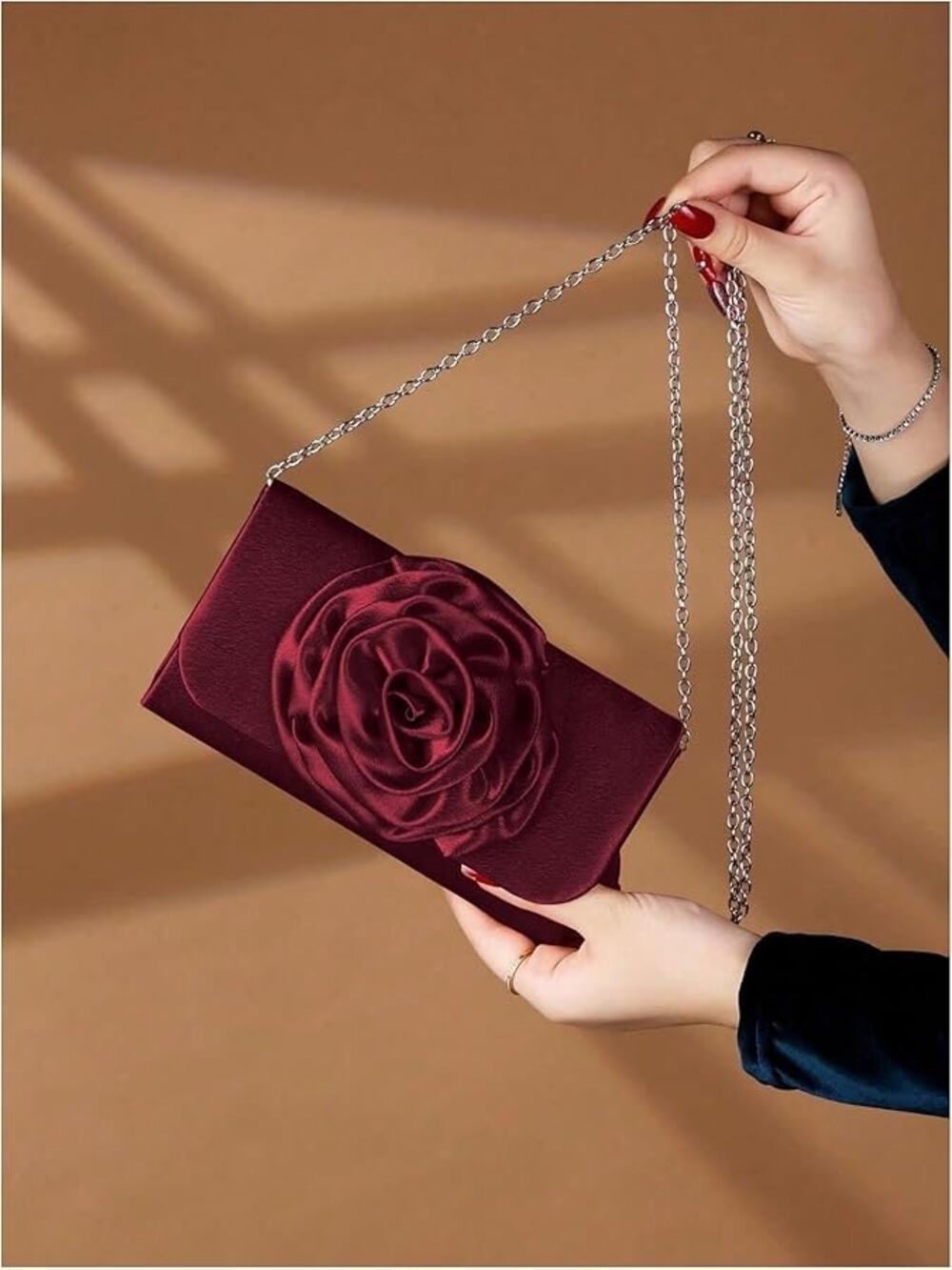 Satin Evening Bag 3D Flower Flap Wedding Clutch Bag Burgundy
